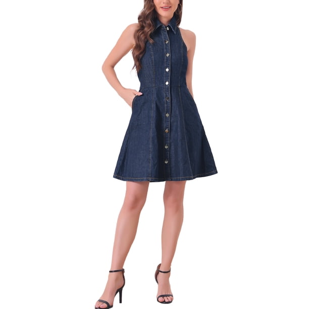Vestido de mezclilla para mujer INSPIRE CHIC, con cuello halter, sin espalda, con botones, color azul oscuro, talla XS
