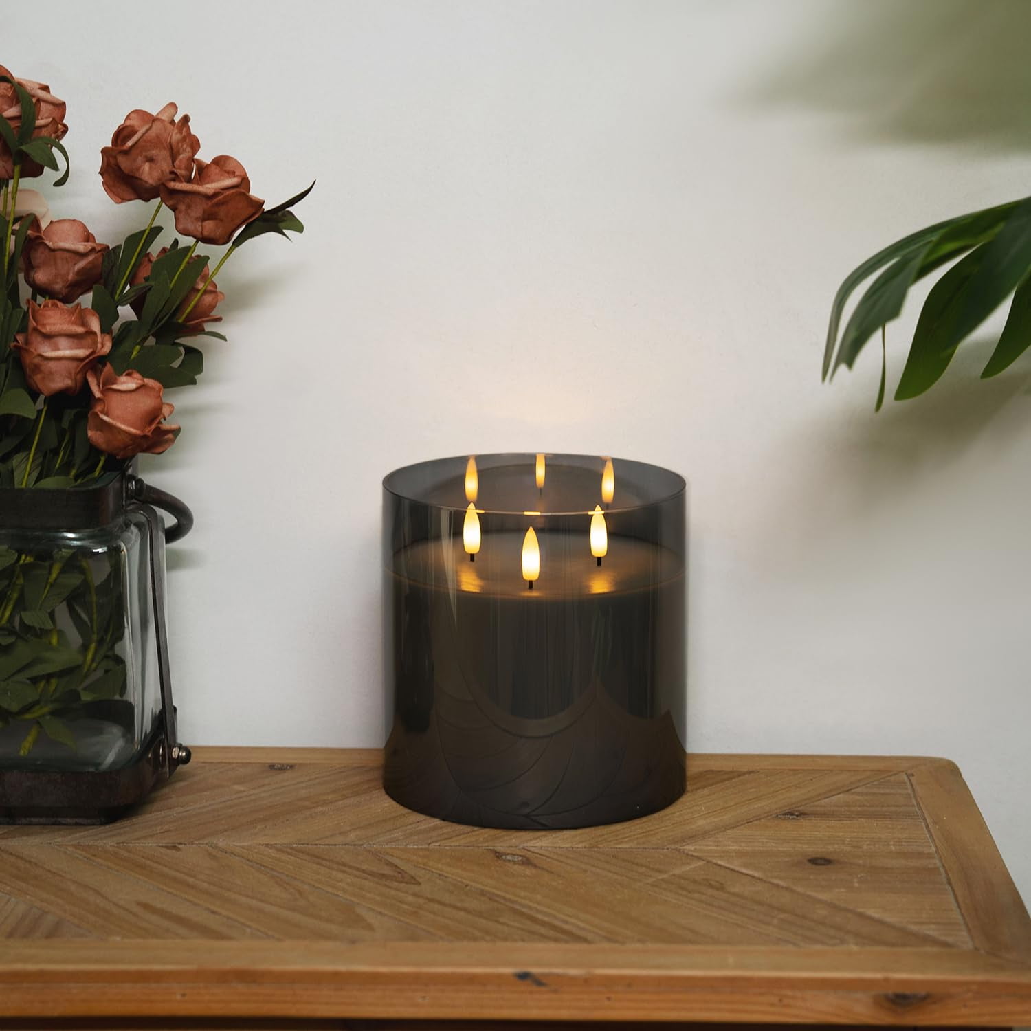 Homemory 6X6'' Extra Large Flameless Candle with 3 Wicks, Glass LED Pillar Candle, Real Wax Battery Operated Candle with Remote Control and Timer, Grey