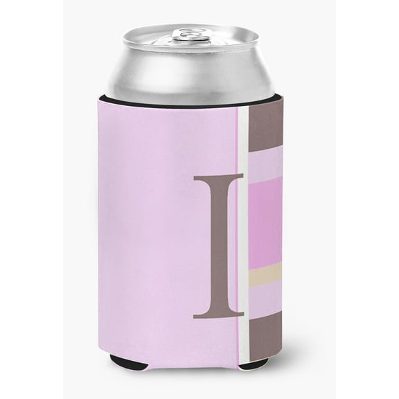Letter I Initial Monogram - Pink Stripes Can or Bottle Beverage Insulator Hugger