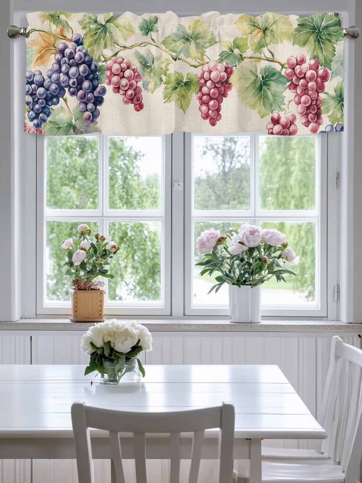 Spring Watercolor Grape Leaves Valances for Windows,Rod Pocket Valance for Kitchen Bedroom Bathroom Living Room, Country Vine Retro Linen Window Valance Curtain Short Curtains 60x18in