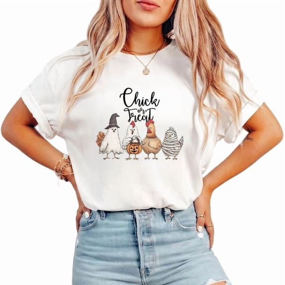 Funny Halloween Chicken Casual Tops Chick or Treat Print T-shirts Ghost Chicken Lovers Graphic Tees Short Sleeve Cotton Shirts for Daily Outfits White,2XL