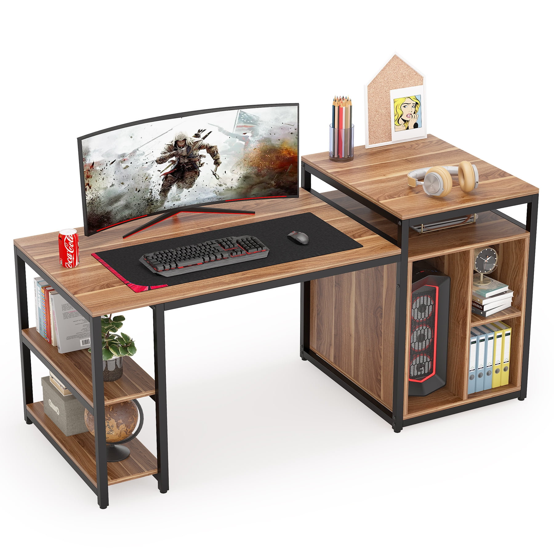 duplex white computer desk workstation with bookcase