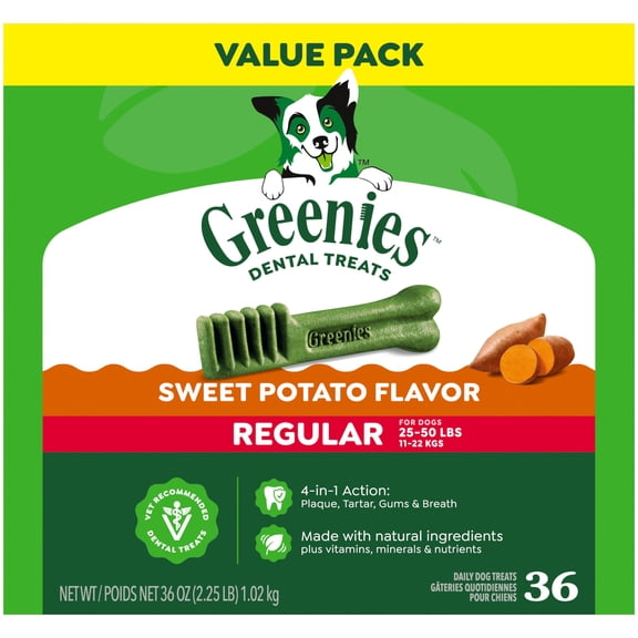 Greenies Sweet Potato Flavor Adult Natural Dental Dog Treats Regular Size, 36 oz Pack (36 Count)