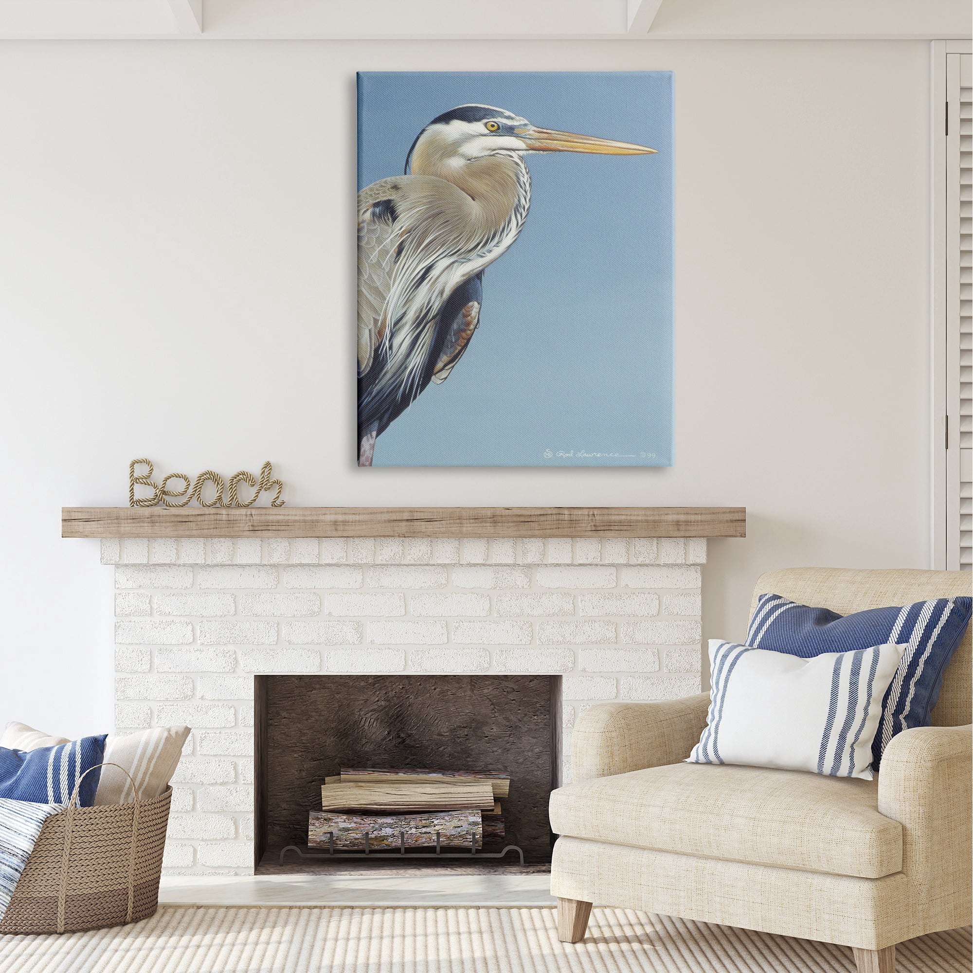Stupell Industries Heron Portrait on Blue Animals & Insects Painting Gallery Wrapped Canvas Art Print Wall Art, 36 x 48