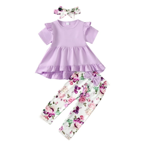 KIMI BEAR Toddler Baby Girls Pant Sets Fall 2-3T Toddler Girls Round Neck Flying Short Sleeves Top Bowknot Floral Pants with Headband 3pcs Outfits Purple
