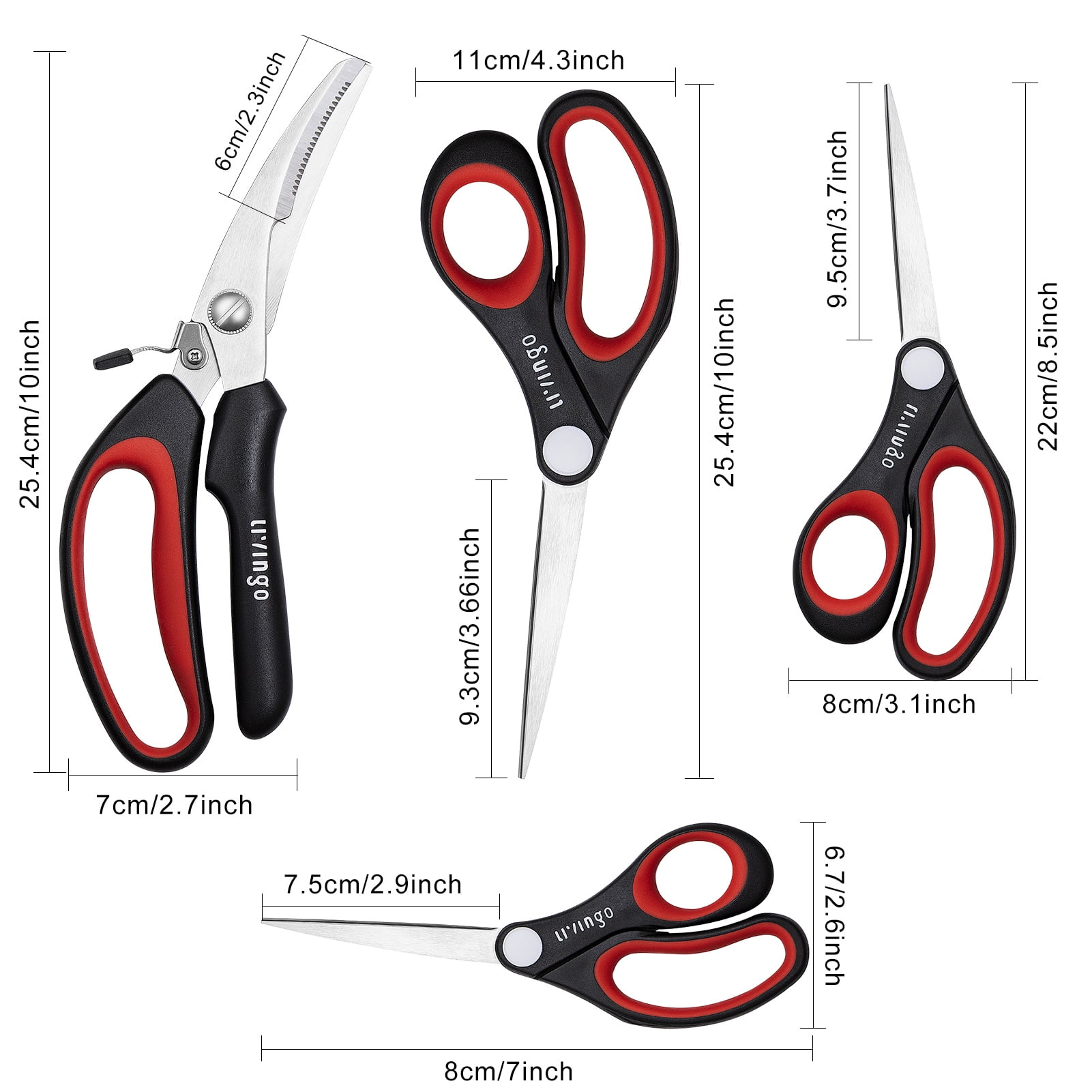 LIVINGO 4-Piece Scissors Set for Home, Office, Kitchen and Crafting, Stainless Steel Blades, Comfort Grip Handles