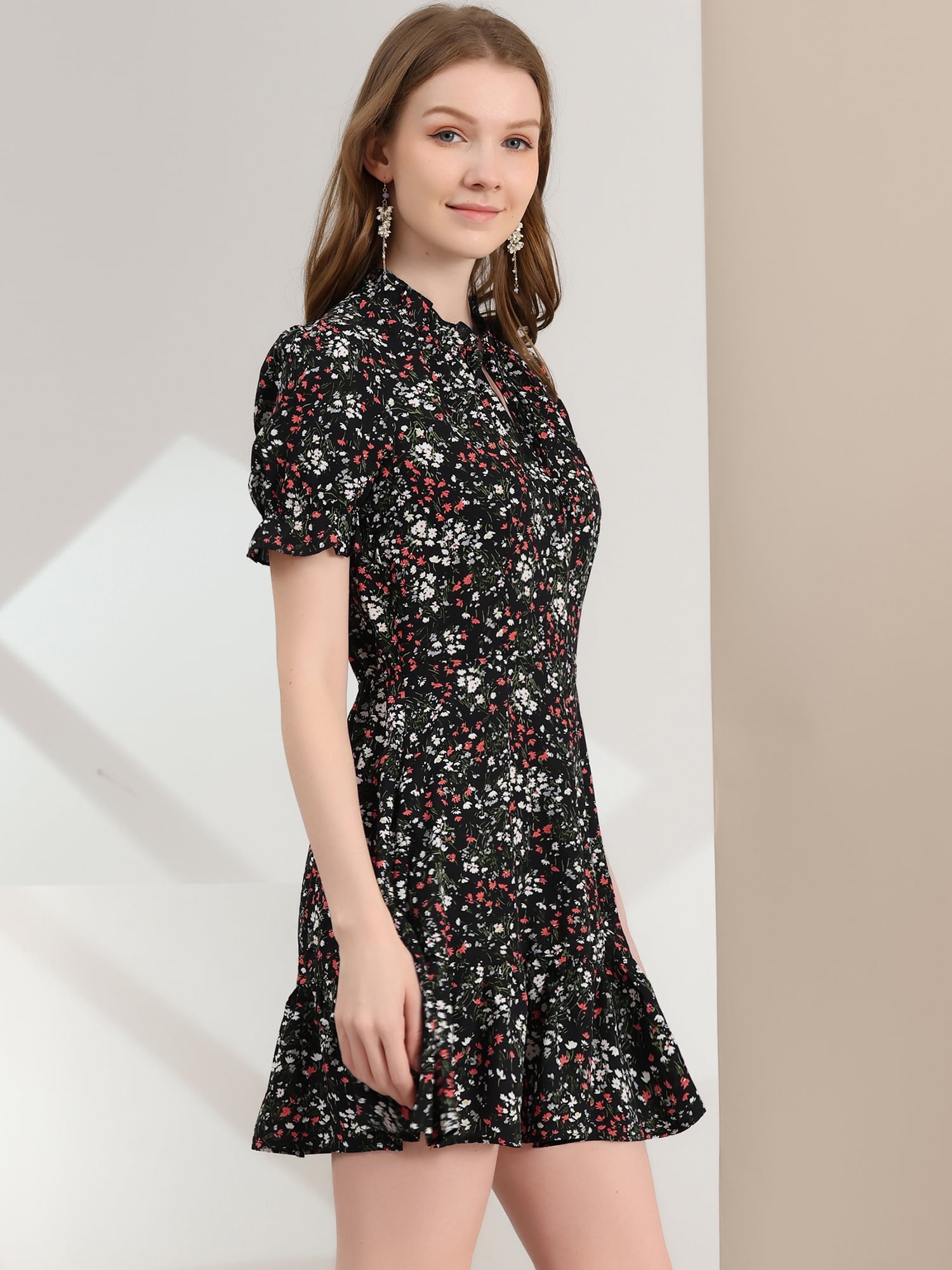 DARING DIVA Ruffle Floral Bow Tie Chiffon Puff Fit & Flare Dress XS Black-White
