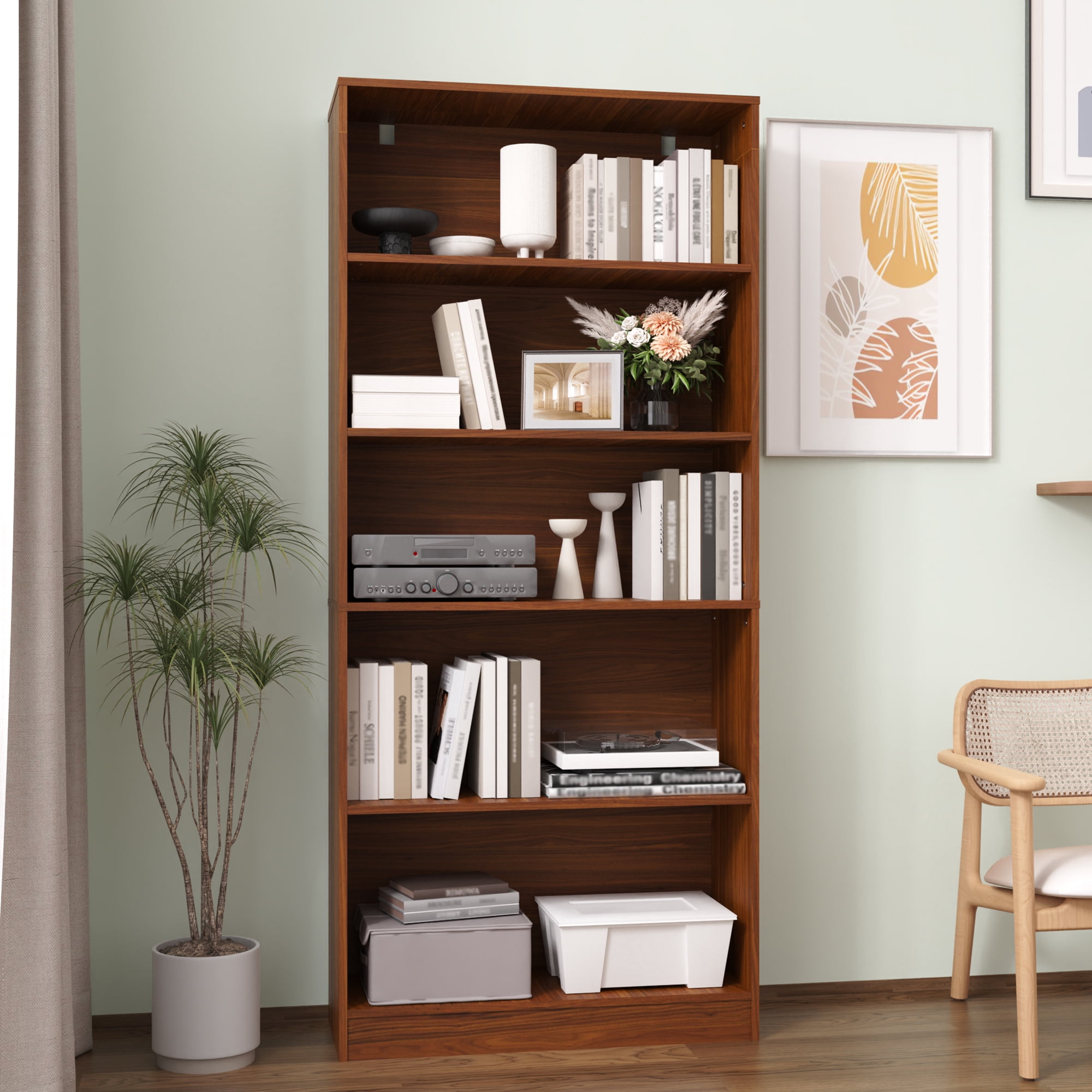 Brown 5 Tier Book Shelf, 71" Tall Large Bookshelf, Standing Wood Display Book Shelf for Living Room, Office, Library