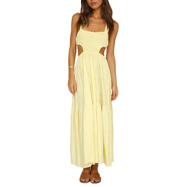 Honganda Robe Débardeur d'Été pour Femmes Sans Manches Couleur Unie Robe Trapèze Dos Croisé Longue Robe S/M/L/TG