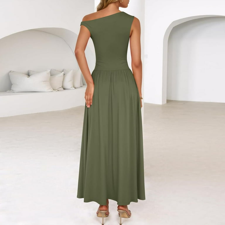UoCefik Womens Summer Off Shoulder Sleeveless Midi Dress Cocktail A Line  Flowy Wedding Guest Dresses with Pockets Army Green S - Walmart.com