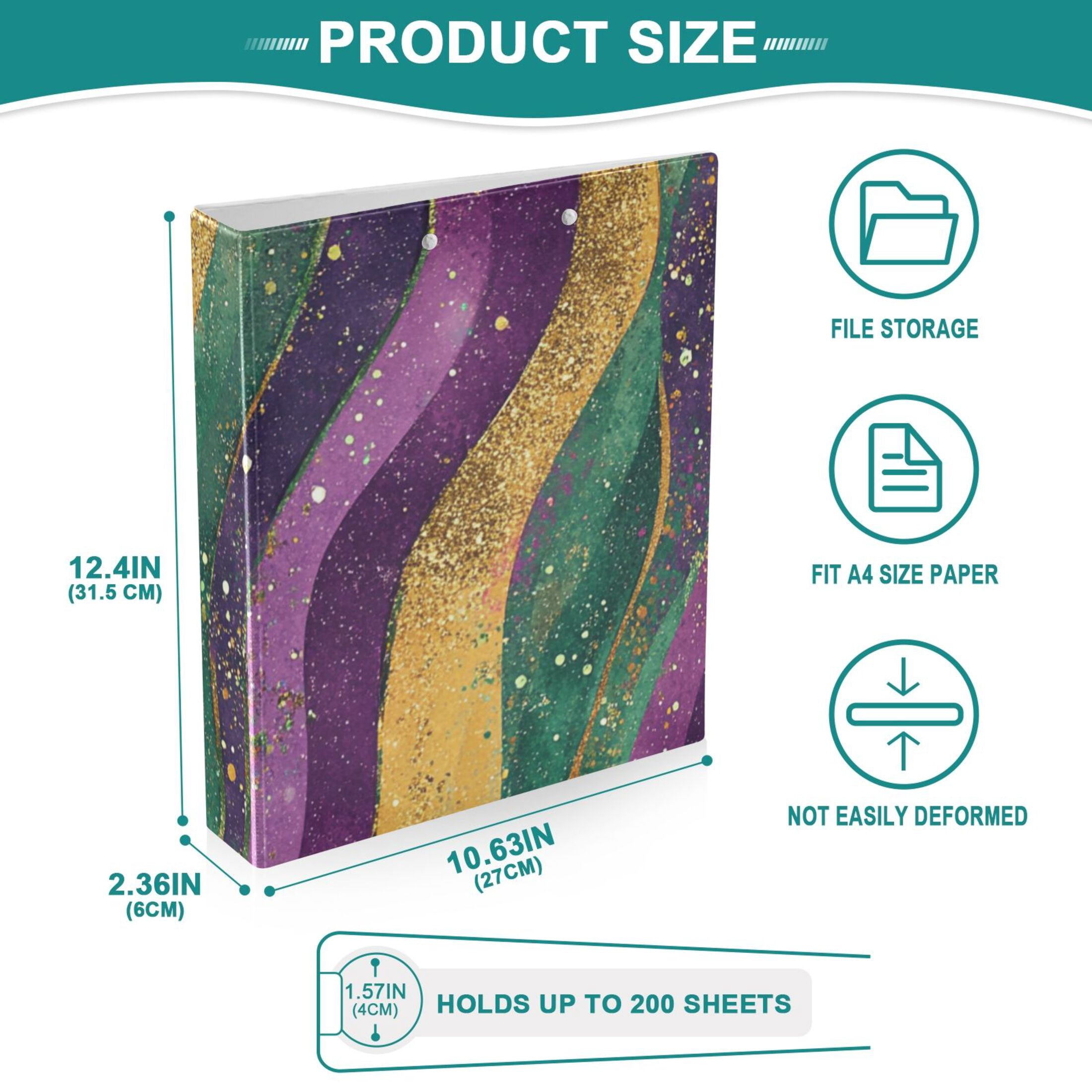 Mardi Gra Waves 3 Ring Binders 1.5 inch Hardcover File Folders with Interior Pockets A4 Size Organizer for School Office Hospital