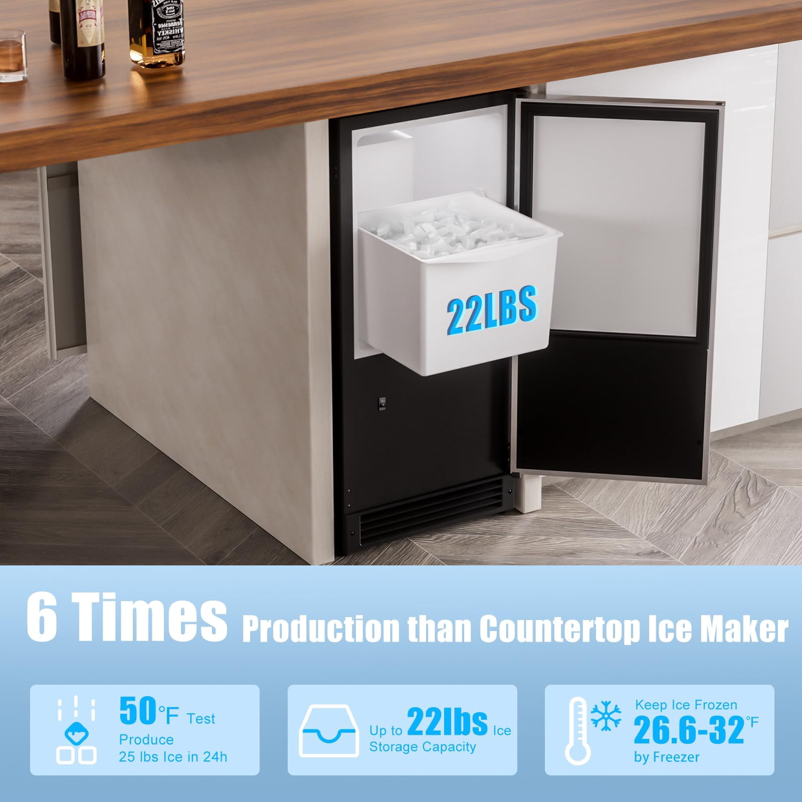 RIOXC 15" W Drainless Under Counter Ice Maker with 22LBS Storage Bin, Crescent Ice, Free Standing Built-in Ice Maker for Residential Commercial Use, No Drain Required, ETL Approved