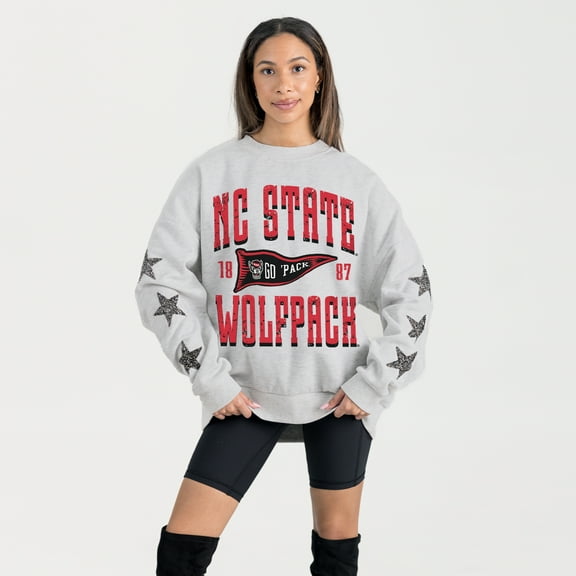 Women's Gameday Couture Ash NC State Wolfpack Oversized Pennant Pride Rhinestone Star Sleeve Sweatshirt