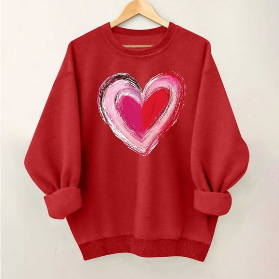 Feancey Womens Cute Sweatshirts Fleece Long Sleeve Heart Graphic Sweatshirt Oversized Casual Crewneck Pullover Tops Comfy Loose Blouse Red L
