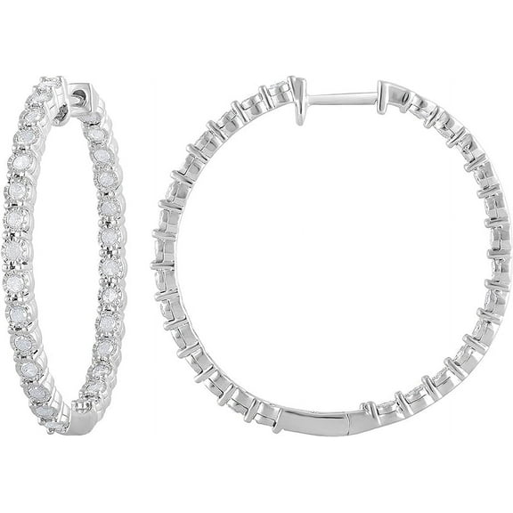 Beyond Brilliance 1.00 Carat Diamond, Sterling Silver Inside-Out Round Cut Real Diamond Hoop Earrings for Women (J-K, I3)