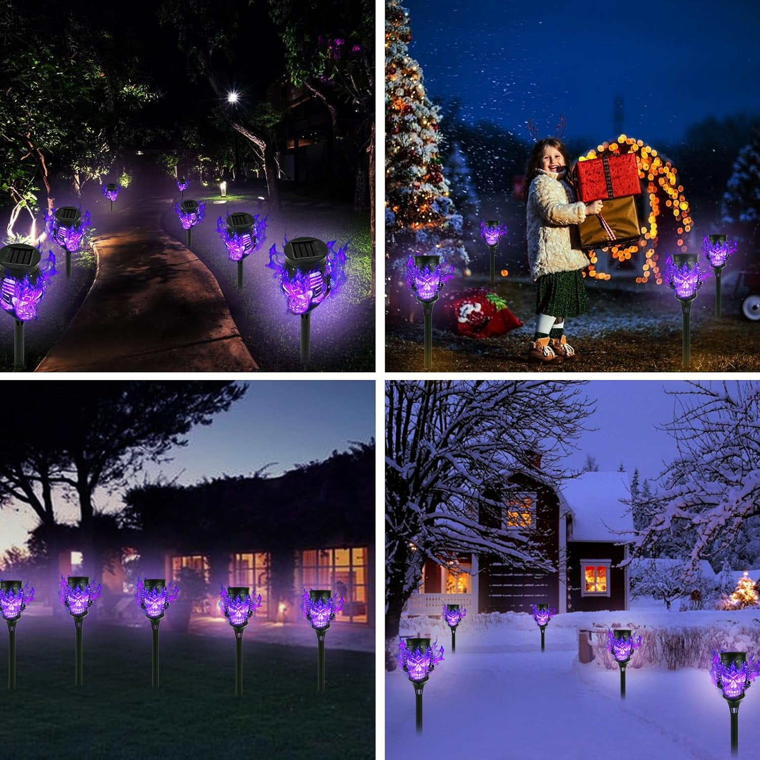 Spooky Skulls Solar Torch Lights - 8-Pack Flickering Flame Torches for Enchanting, Waterproof Outdoor Solar Powered Lighting, for Pathways, Garden, Yard, Halloween Decor, Black Purple-Lights