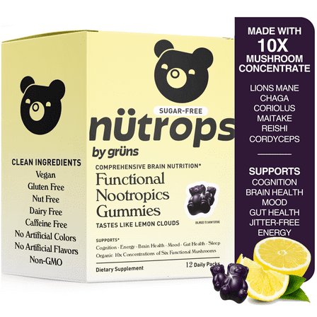 Nutrops by Gruns Sugar-Free Lions Mane Mushroom Gummies for Adults, Functional Nootropics, Herbal Brain Supplement for Energy, Brain Health, Cognitive, Memory & Focus, 12 Servings