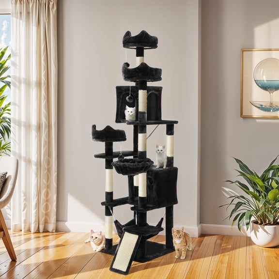 Uforic 75" Cat Tree for Large Cats Multi Level Play Tower Condo with Scratching Posts, Top Perches, Hammocks, Black