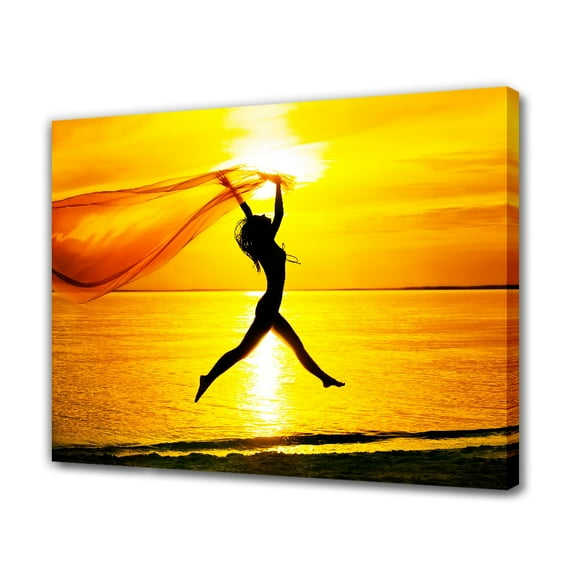 A Graceful Female Silhouette Leaping At Sunset Canvas Poster Bedroom Decor Sports Landscape Office Room Decor Gift,Frame-style,08x12inch(20x30cm)