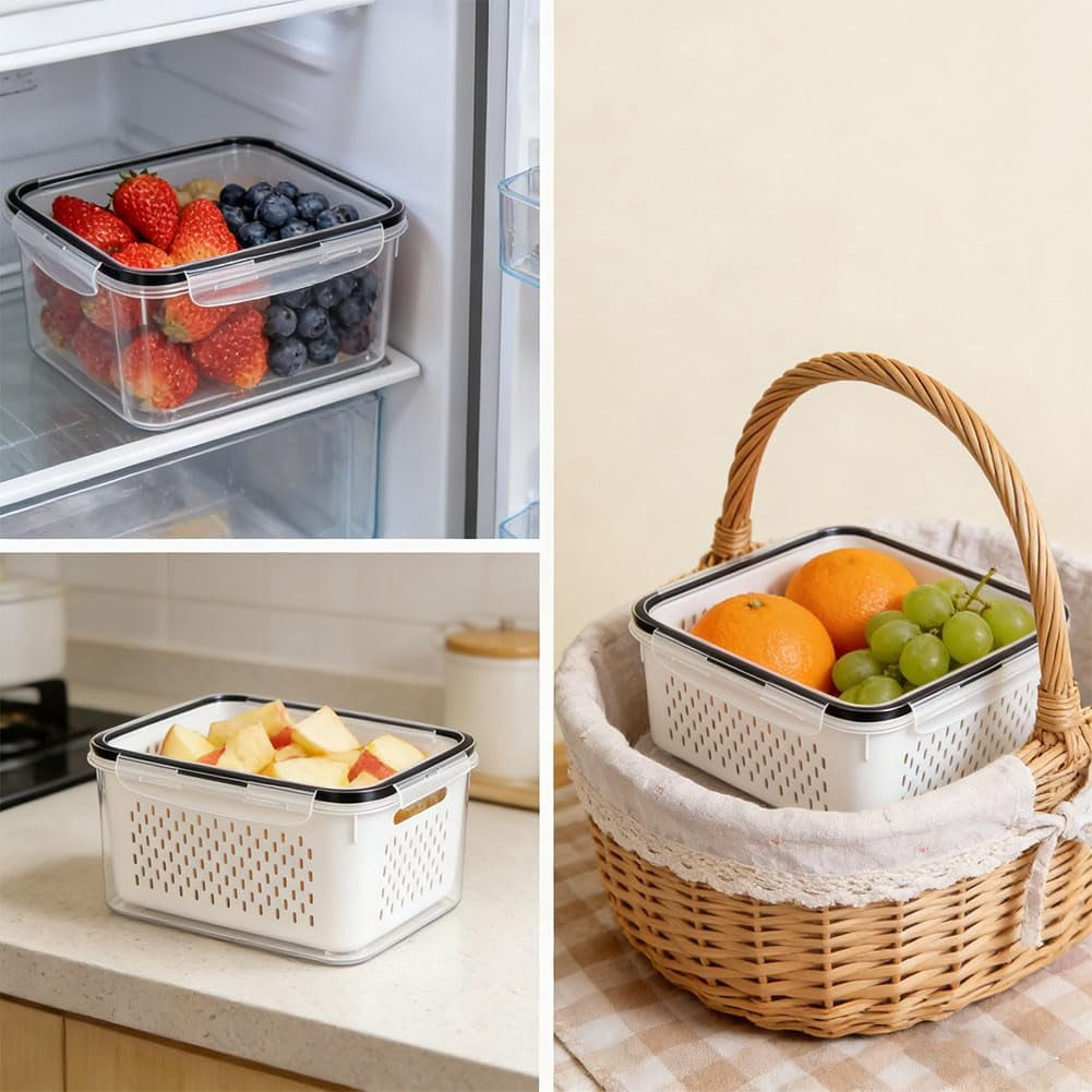 4-in-1 Food Storage Containers for Fridge with Removable Colanders, Transparent Plastic Produce Keeper with Drain Basket, Stackable Vegetable Fruit Containers