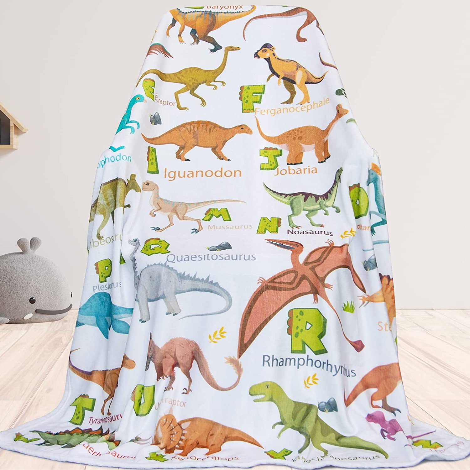 Green Dinosaur for Boys Cute Alphabet Dinosaur Blankets Warm Soft Throw