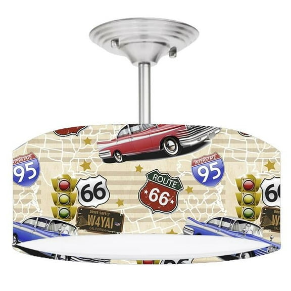 888 Cool Fans DR-0001052 Route 66 Hot Rod 2-Light Brushed Nickel Drum Style LED Lamp Fixture