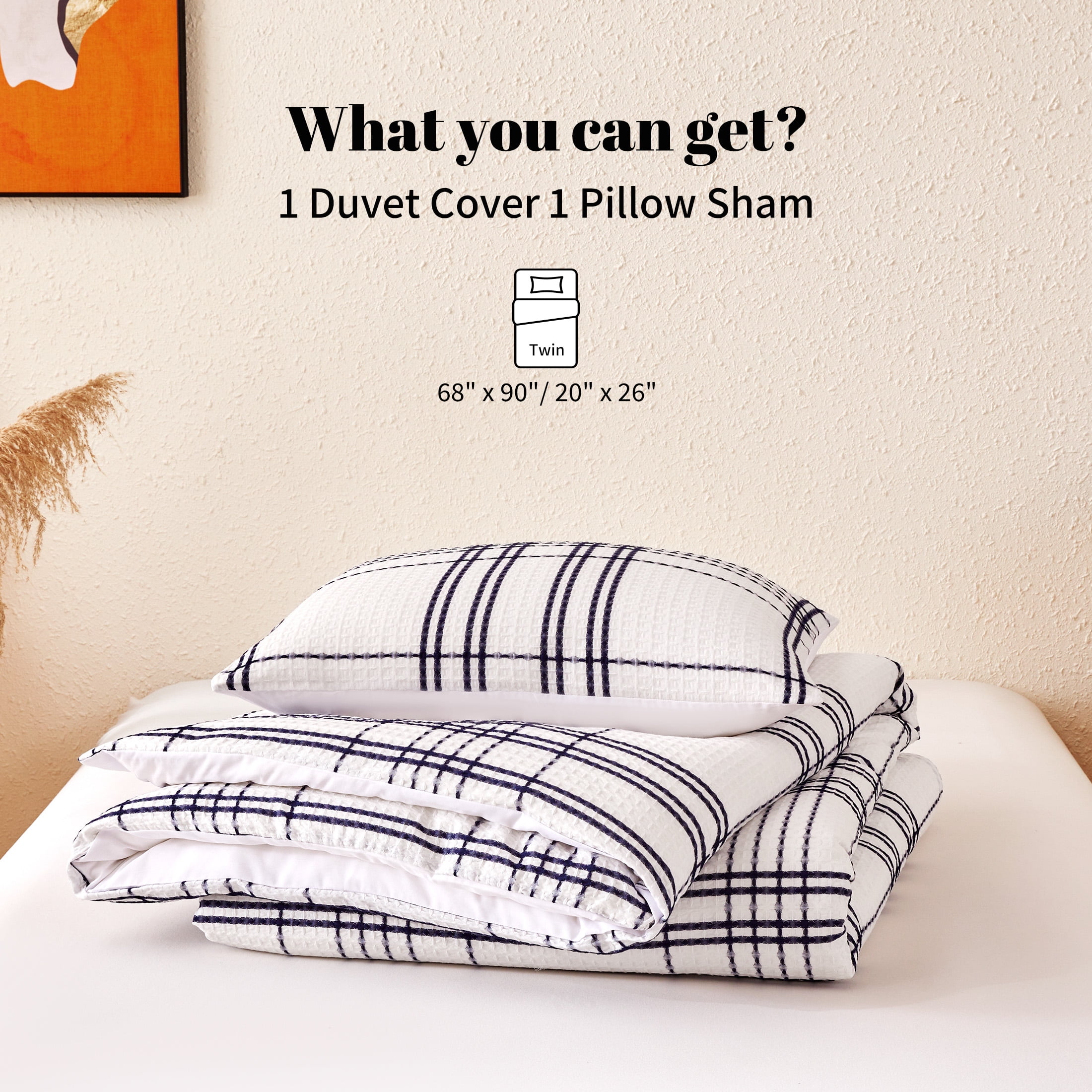 Sonive Waffle Duvet Cover Set Blue Grid, 3 Pieces Modern Pattern Waffle Weave with Pillow Sham, Full