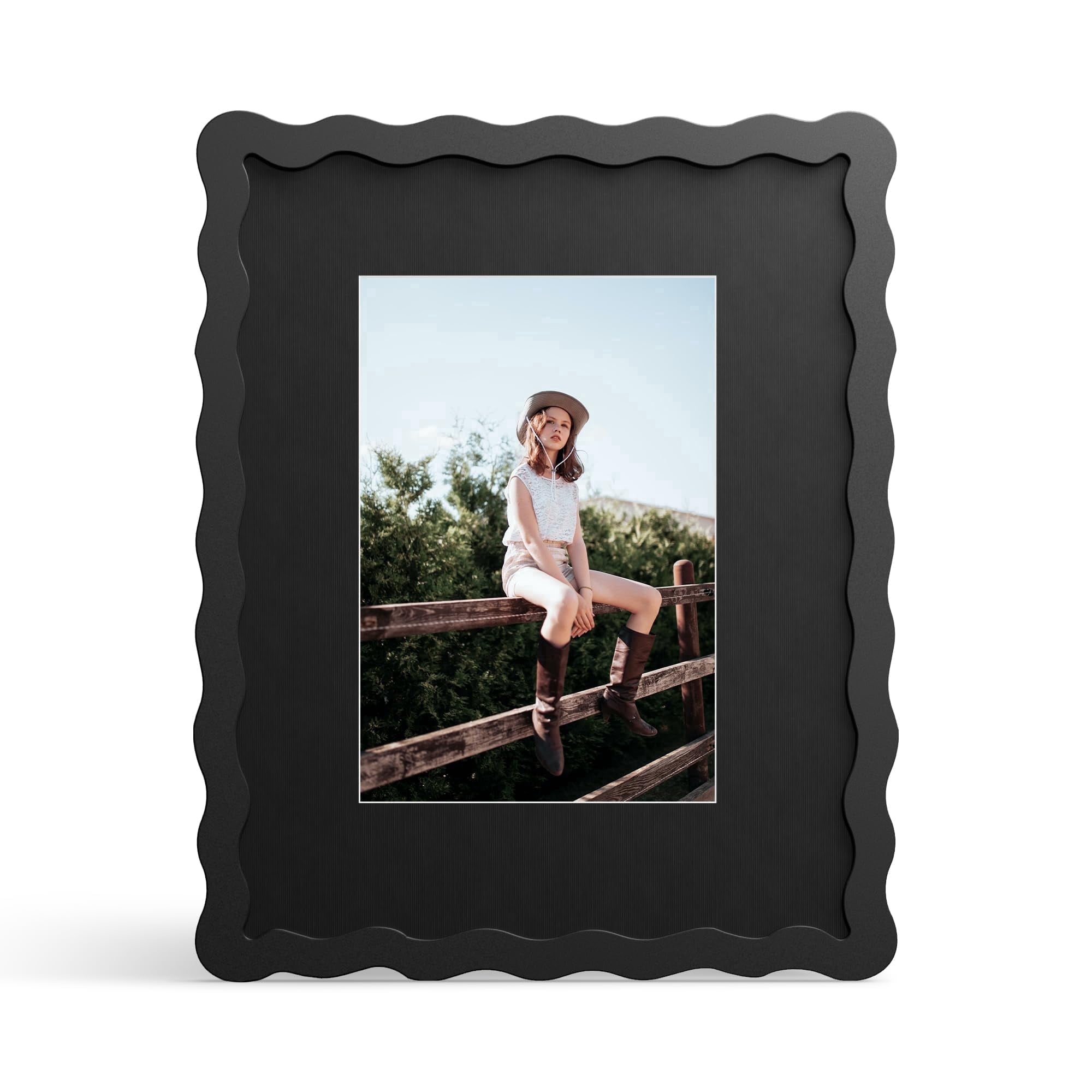 8x10 Picture Frame with Mat for 5x7, Wavy Edge Wooden Photo Frame for Tabletop and Wall Hanging,Black , 1 Pack