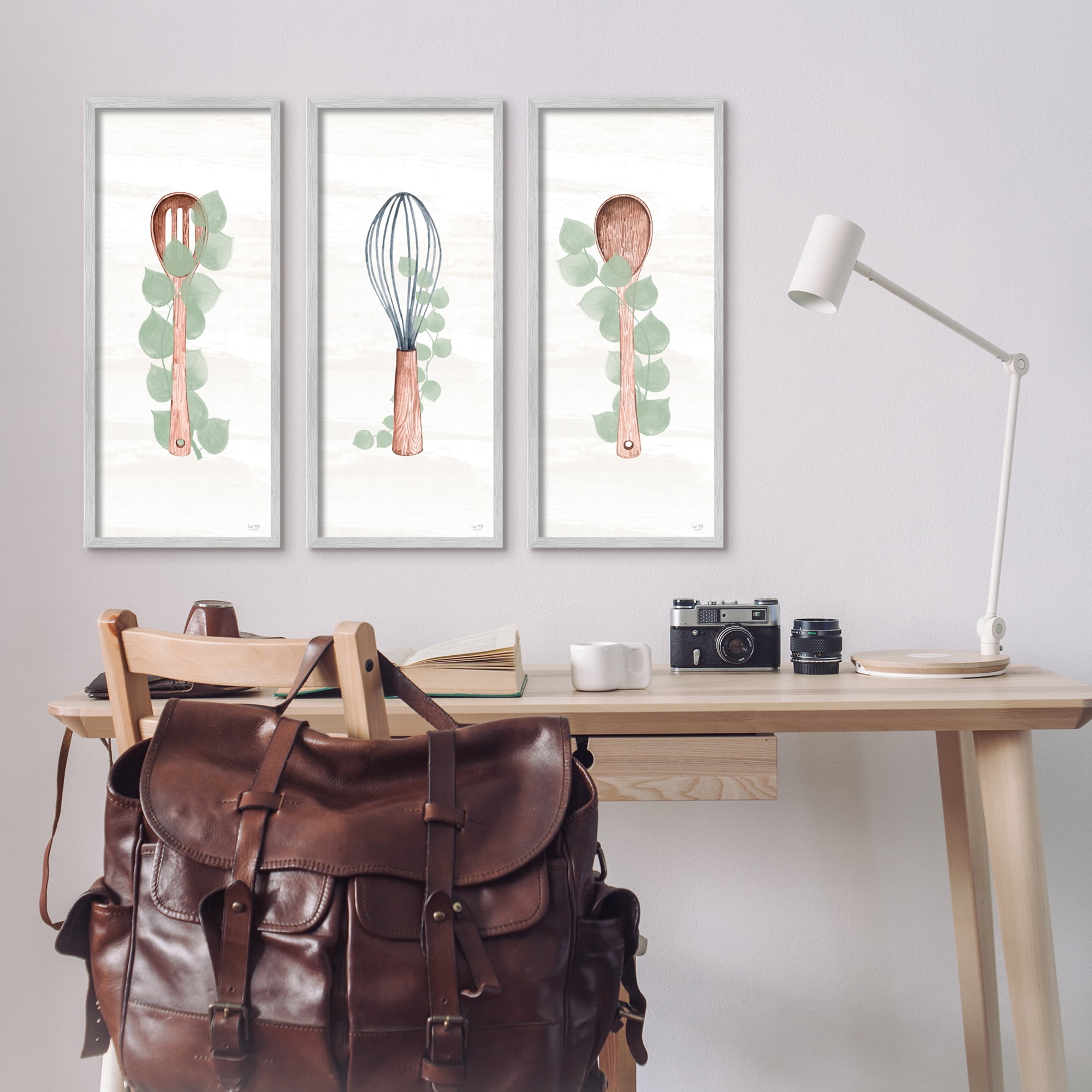 Kitchen Cooking Utensils Whisk Spoon Botanical Eucalyptus Food & Beverage Painting Framed Art Print Wall Art, Set Of 3