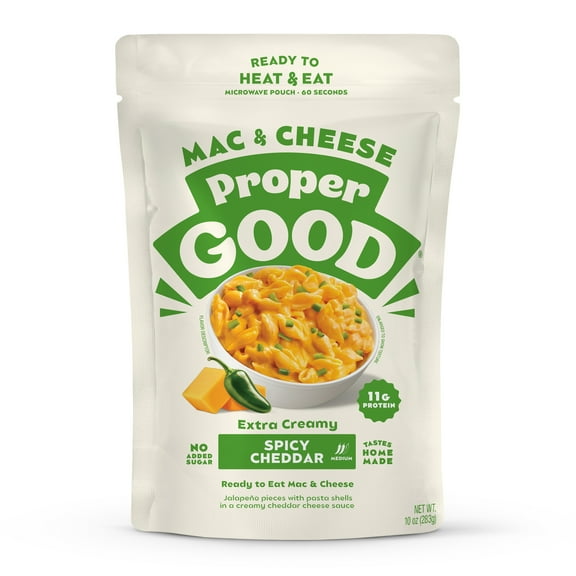 Proper Good Spicy Cheddar Mac & Cheese, Ready in 60 Seconds, Shelf-Stable 10oz Pouch