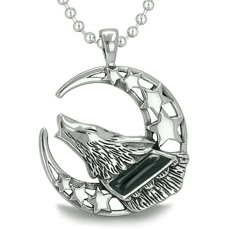 Energy Star Convertible Pendant Howling Courage Wolf Moon Stars Amulet Positive Earth Energy Simulated Onyx Pendant 22 Inch Necklace ()