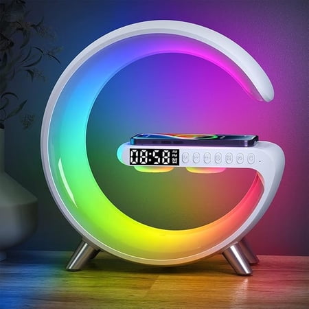 Smart LED Table Lamp,4-in-1 Wireless Charger with Speaker,Night Light, Alarm Clock, and Bluetooth Speaker with App Control for Bedroom and Home Decor (White, Large)