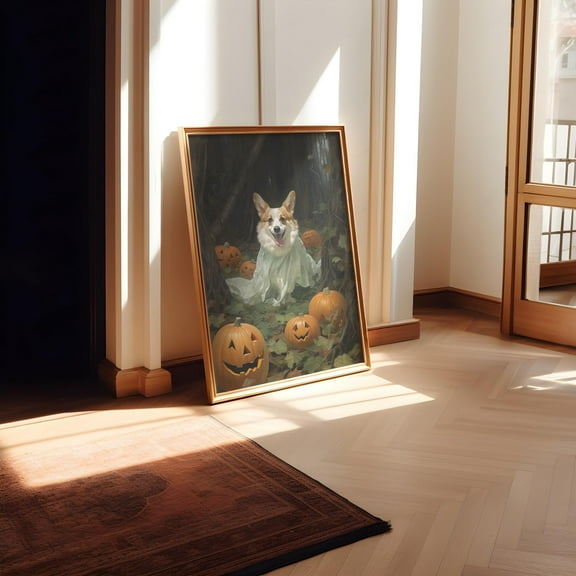WestConfe Halloween Corgi Art Print, Halloween Wall Art Print, Corgi Painting, Pumpkin Art Poster, Ghost Halloween Print
