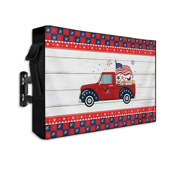 Truck with American Star Flag Outdoor TV Cover 30 to 32 Inch Waterproof, Grey Wooden Stripes Buffalo Star Checker 600D Oxford TV Covers with Zipper, Outside Flat TV Screen Protector 30"Wx19"Hx4.5"D