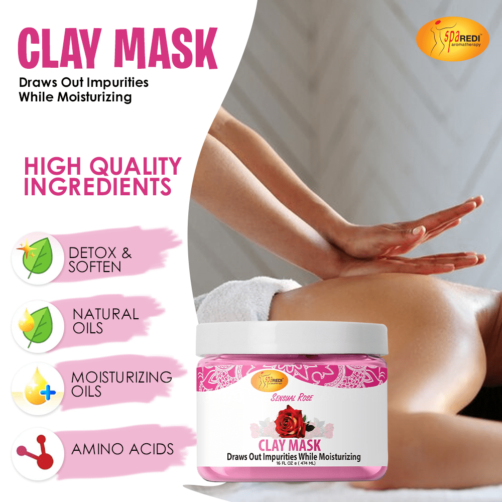 SPA REDI - Clay Mask, Sensual Rose, 16 Oz - Pedicure, Body Deep Cleansing, Detoxifying, Hydrating - Natural Bentonite Clay, Infused with, Amino Acids, Panthenol, Comfrey Extract