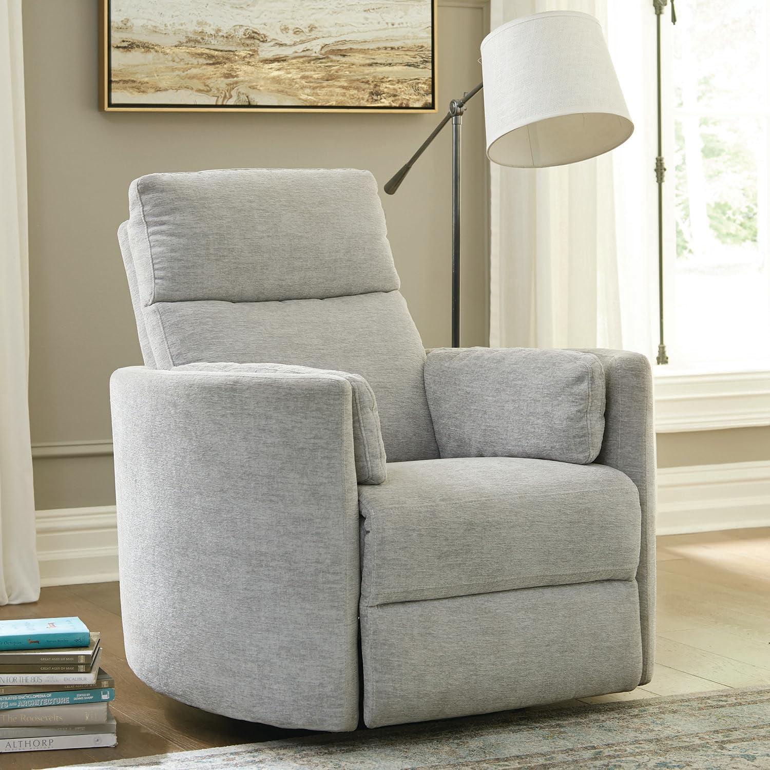 Pemberly Row Fabric Power Swivel Glider Recliner Chair in Mineral White