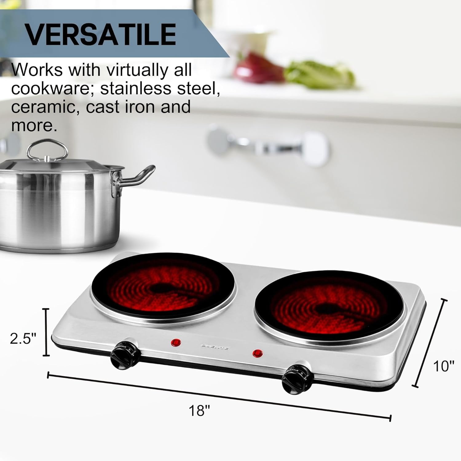 Countertop Infrared Double Burner, 1500W Electric Hot Plate with 7.5" Ceramic Glass Cooktop, 6 Level Temperature Control, Silver
