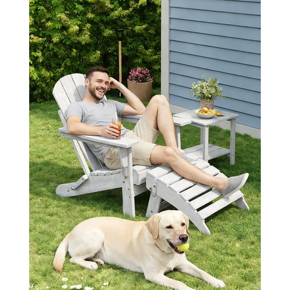 HDPE Folding Adirondack Chair & Ottoman Set, All-Weather Outdoor Patio Chair with Cup Holder, Collapsible Weather-Resistant Lawn Chair for Deck, Garden, Backyard– White