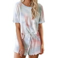 thumbnail image 1 of Conjunto de pijama de 2 piezas con estampado tie dye y volantes cortos para mujer, top de manga corta y pantalones cortos, ropa de dormir, 1 of 4