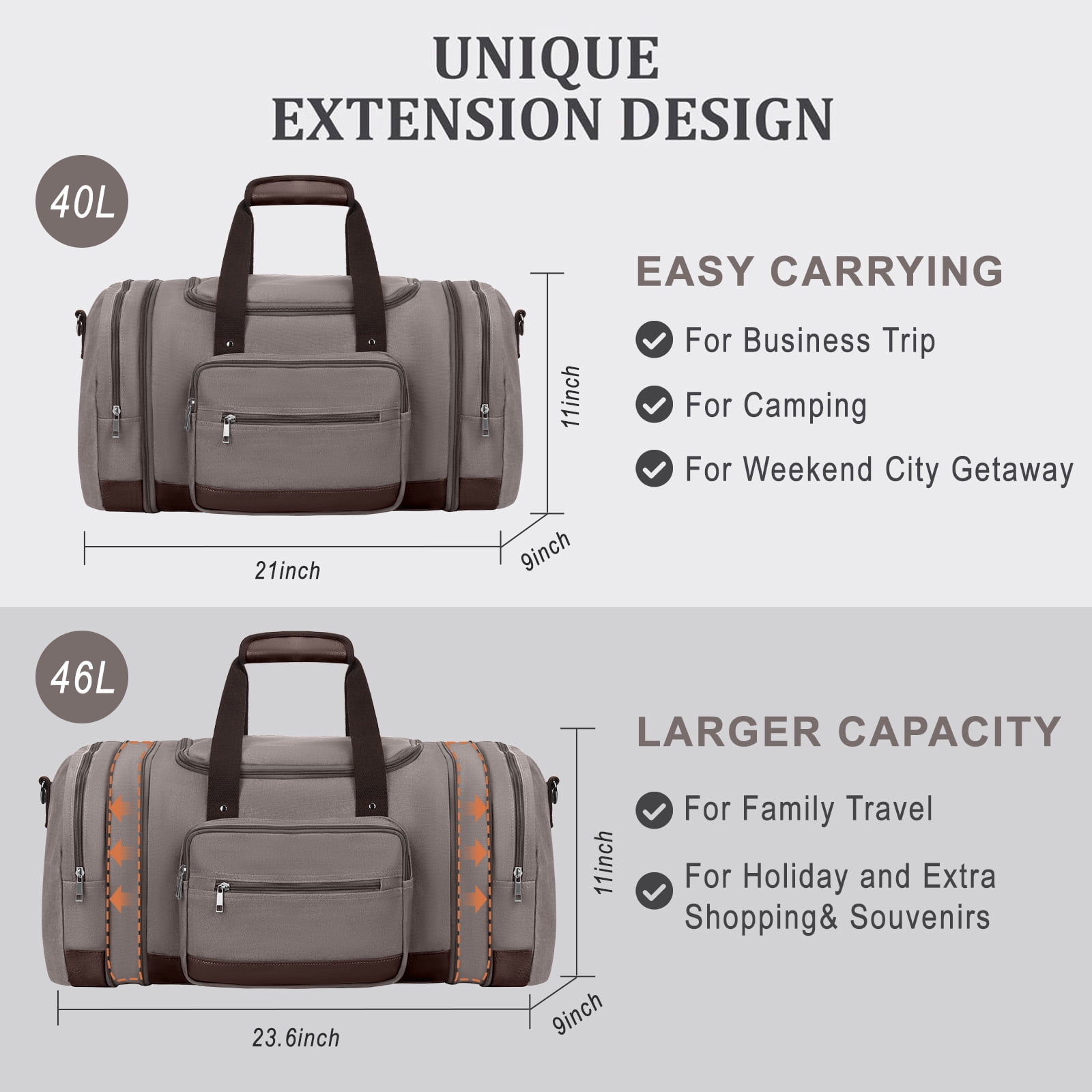 Gynky Duffle Bag for Travel Travel Bag 46L Large Expendable Duffle Bags for Men Weekender Bag with Trolly Sleeve for Business Trip Travel Camp Gym, Grey