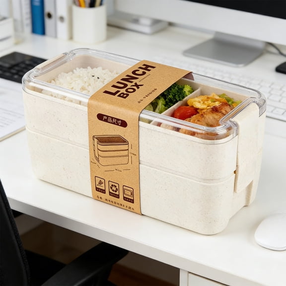 Byujiro 750ml 2-Tier Wheat Straw Bento Lunch Box, 25.4oz Portable Fresh-Keeping Food Container with Built-In Cutlery Slot, Lightweight Design for Office Workers, Students