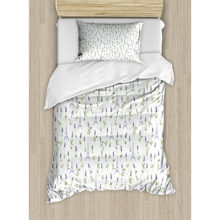 Eiffel Duvet Cover Set Pattern With Lavender Flowers Eiffel Tower