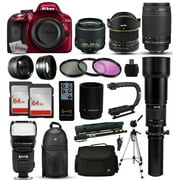 Nikon D3300 Red DSLR Digital Camera + 18-55mm VR II + 6.5mm Fisheye + 55-300mm VR + 650-2600mm Lens + Filters + 128GB Memory + Action Stabilizer + i-TTL Autofocus Flash + Backpack + Case + 70" Tripod