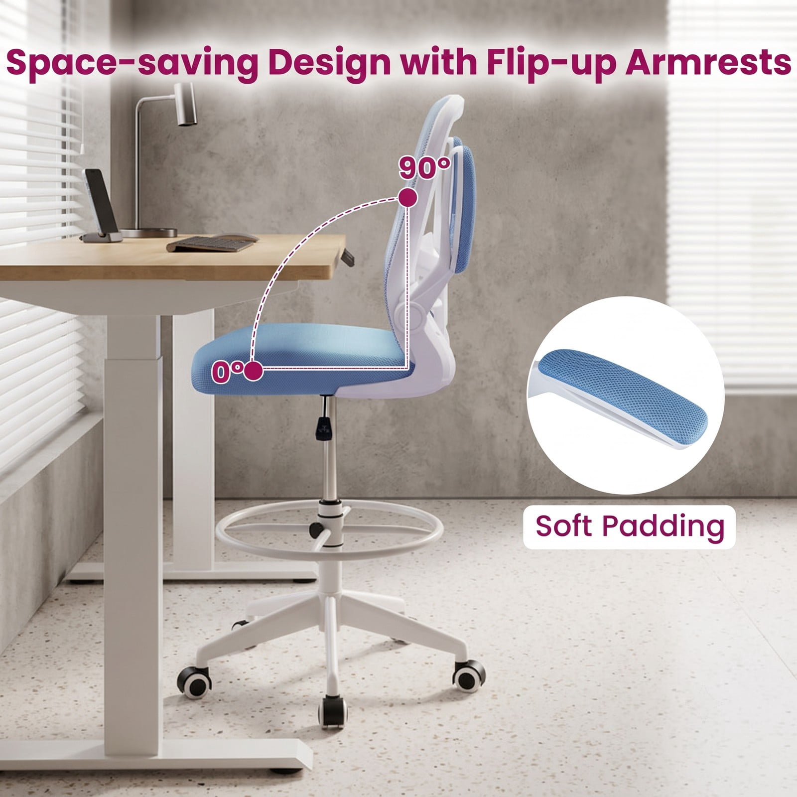 Furnibear Height Adjustable Drafting Chair with Flip-Up Arms for Home Office, Ergonomic Mesh Back Rolling Task Chair with Foot Ring and Lumbar Support, 360, Blue