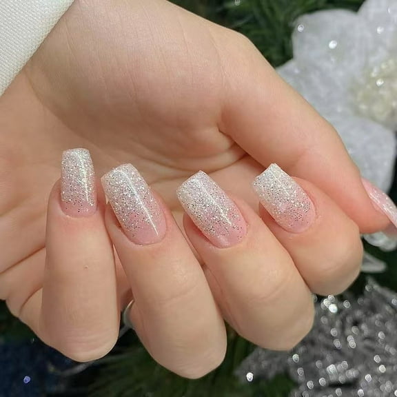 24pcs Square with Glitters Powder Glossy False Nails Artificial Nails For Daily Wear And Special Occasion