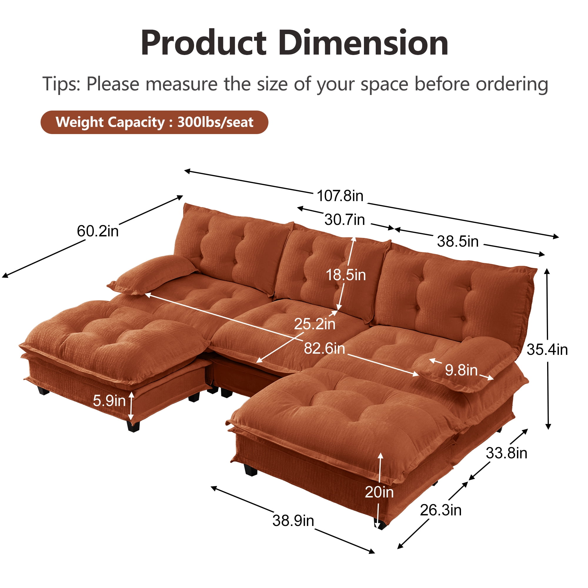 AISWORD 107" U-Shaped Modular Sectional Cloud Sofa with 2 Ottomans, Chenille Fabric Deep Seat Couch with Lattice Decored Cushions