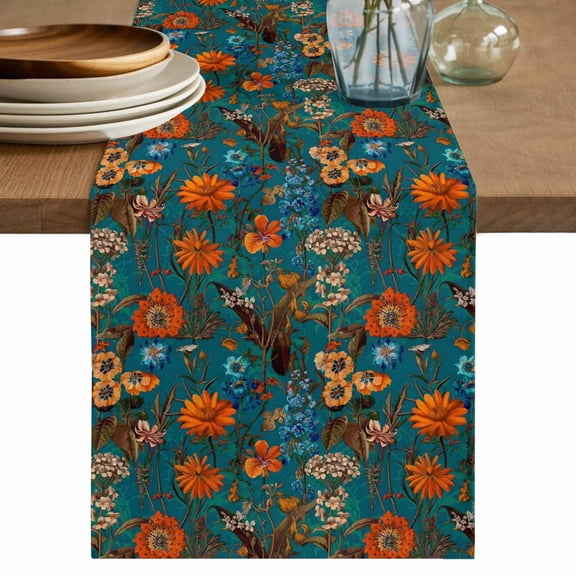 Orange Green Spring Floral Cotton Linen Table Runner for Dining Kitchen, Vintage Botanical Summer Flower Wedding Outdoor Party Tablerunners, Dresser Scarf Coffee Tablecloth Runners 13x72 Inches