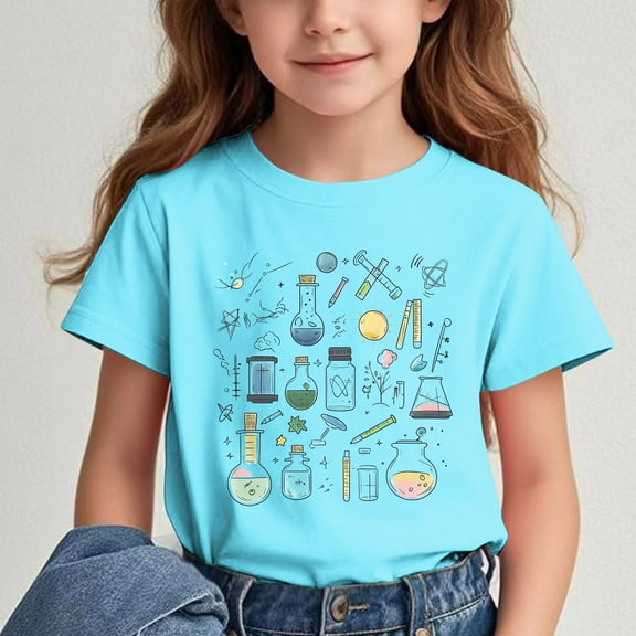 hengsof Kids Cute Print Graphic T-Shirt, Short Sleeve Crew Neck Fashionable Shirt for Boys and Girls, Back to School Casual Tops