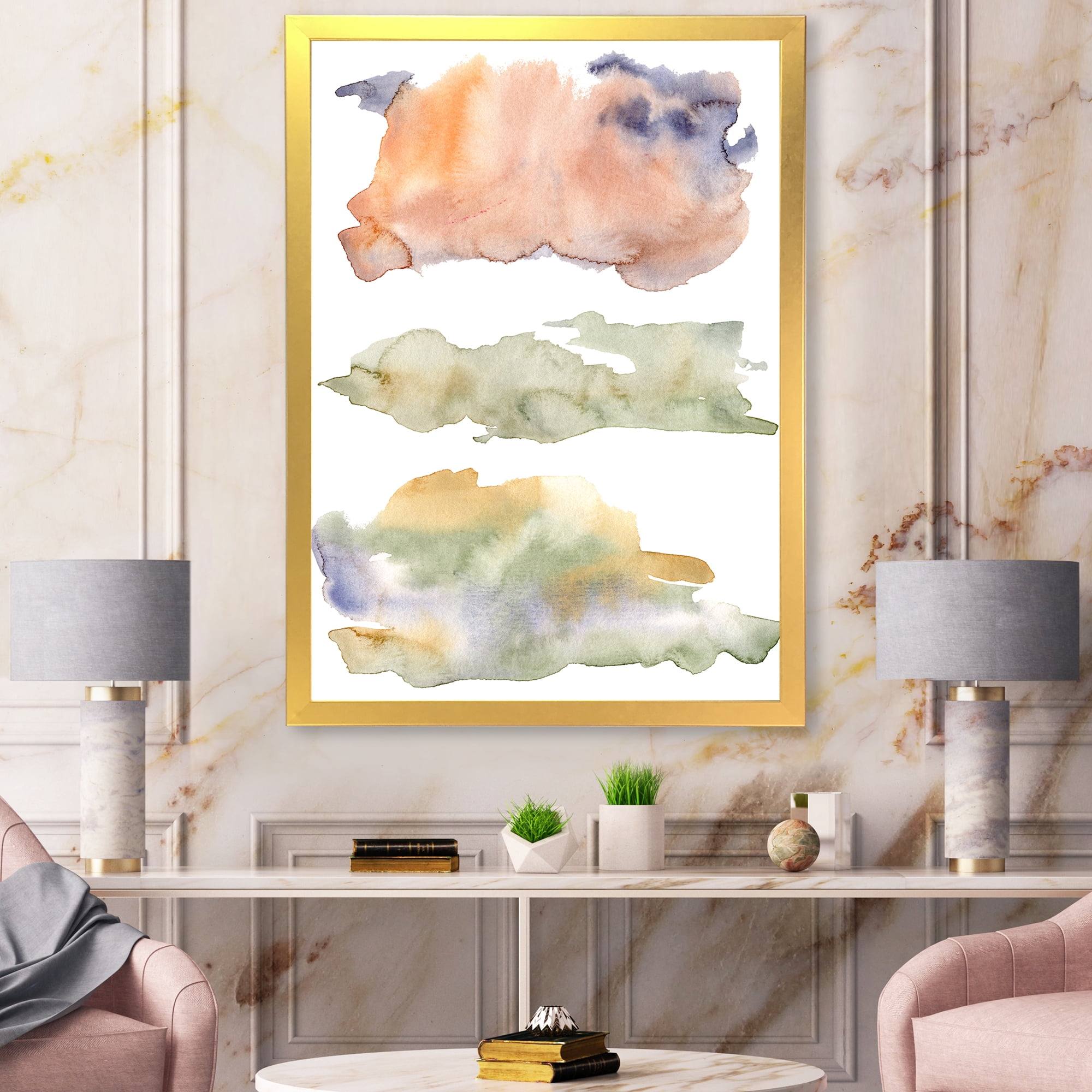 Designart 'Abstract Orange Blue and Beige Green Clouds' Modern Framed Art Print