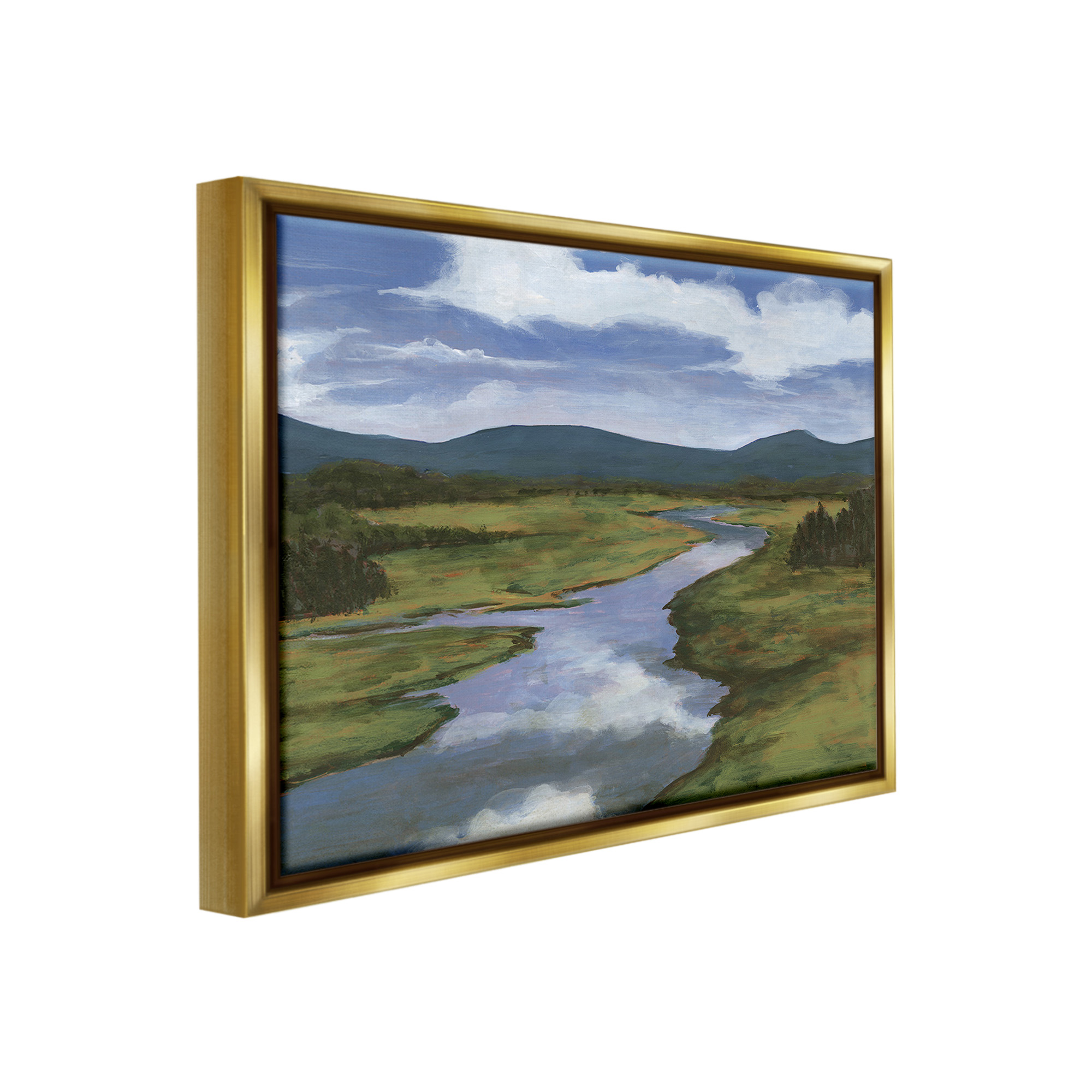 Stupell Industries River with Cloud Reflection Landscape Painting Gold Floater Framed Canvas Art Print Wall Art, 31 x 25